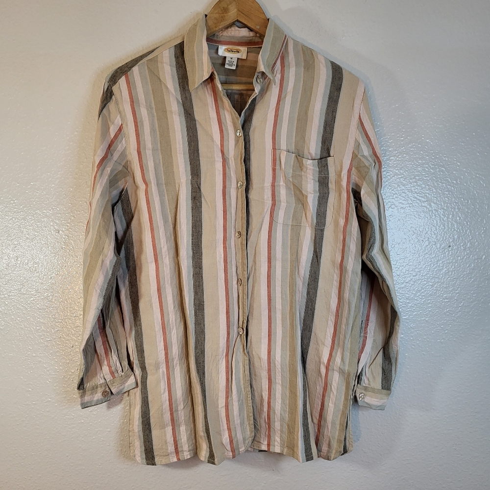 Talbots Striped Linen Button Down Long Sleeve Shirt